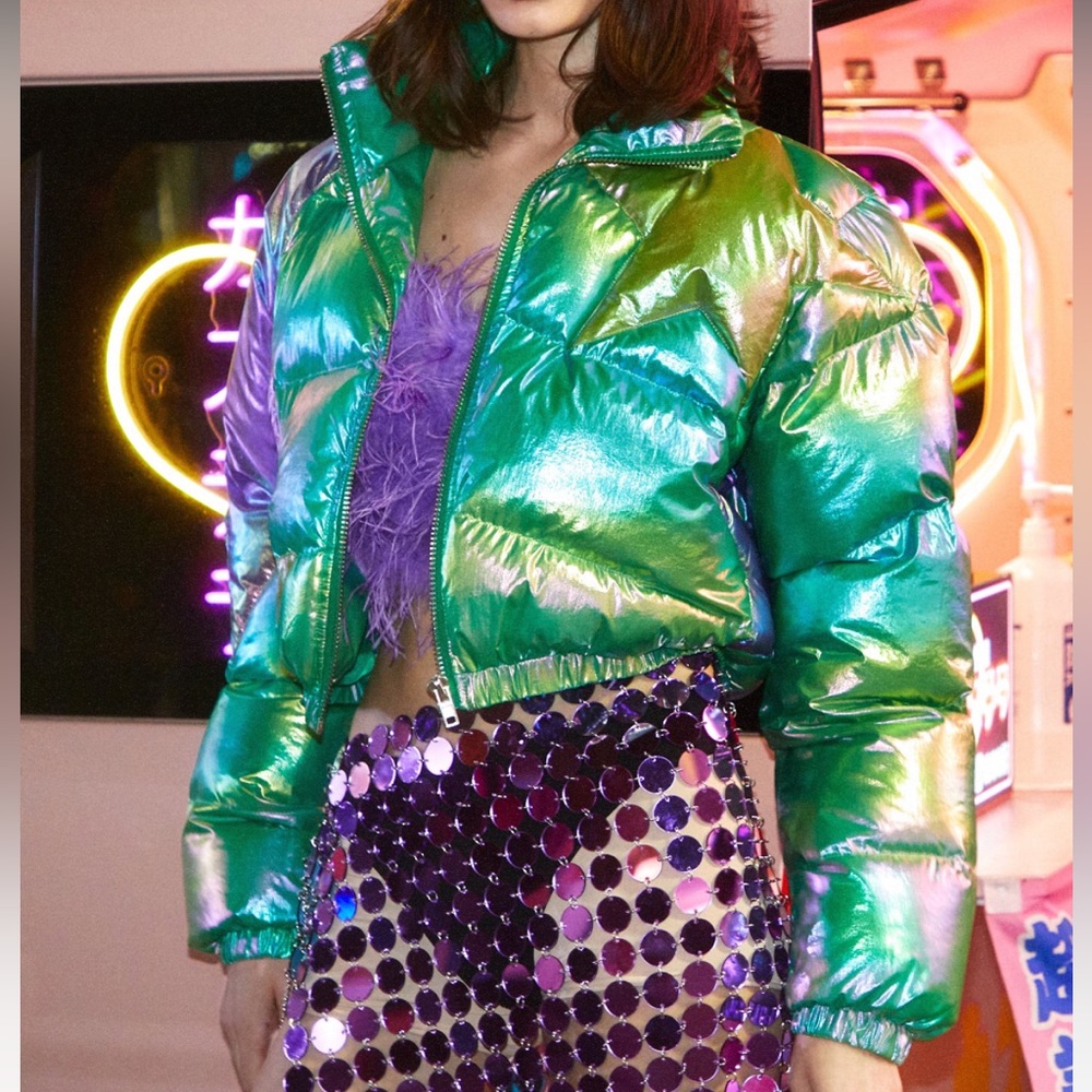 Metallic Star Motif Cropped Padded Jacket